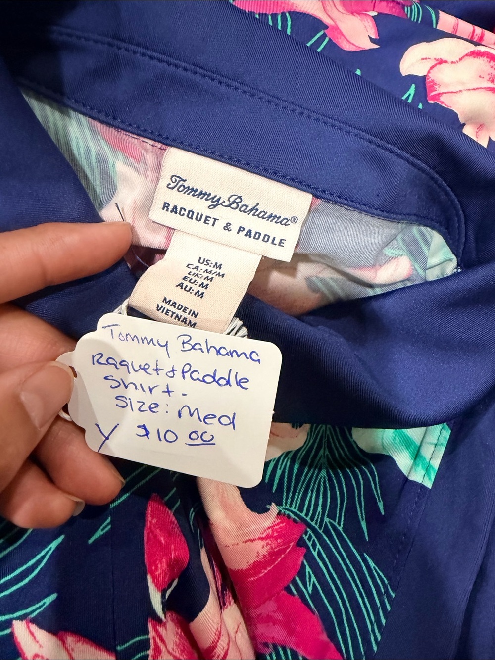 Tommy Bahama Navy Floral Button-Up with Pink & Teal Accents
